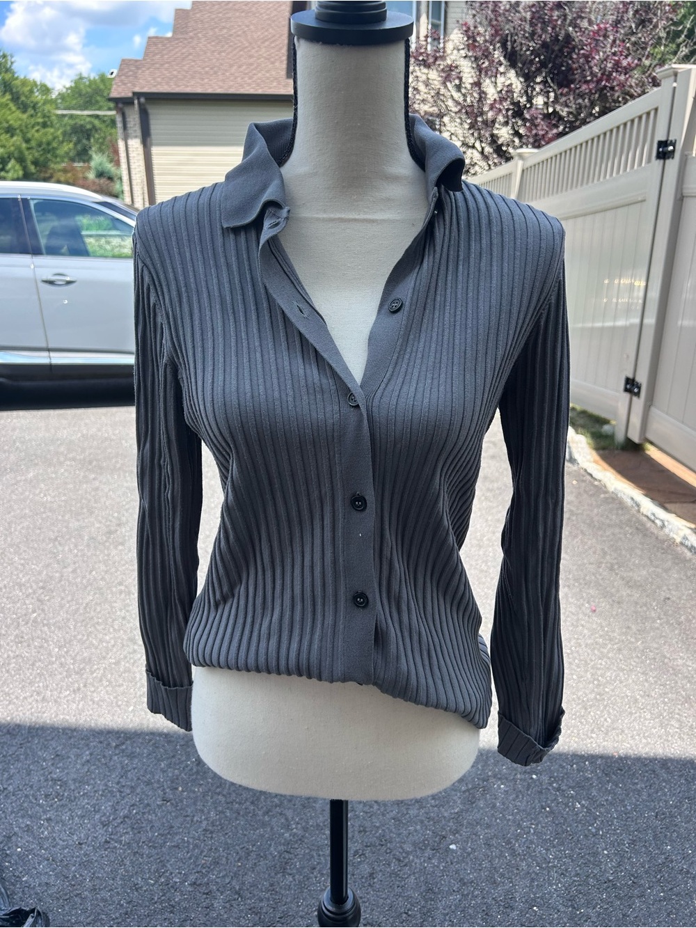 Zara Charcoal Gray Ribbed Button-Down Shirt